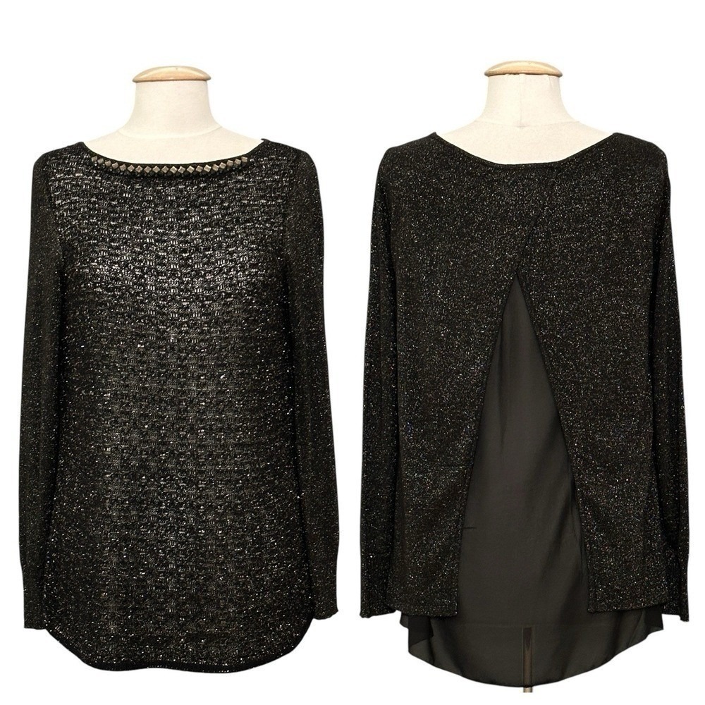 VTG Cache Womens Sweater M Black Sparkle Beaded Sheer Cocktail Evening Glam Edgy